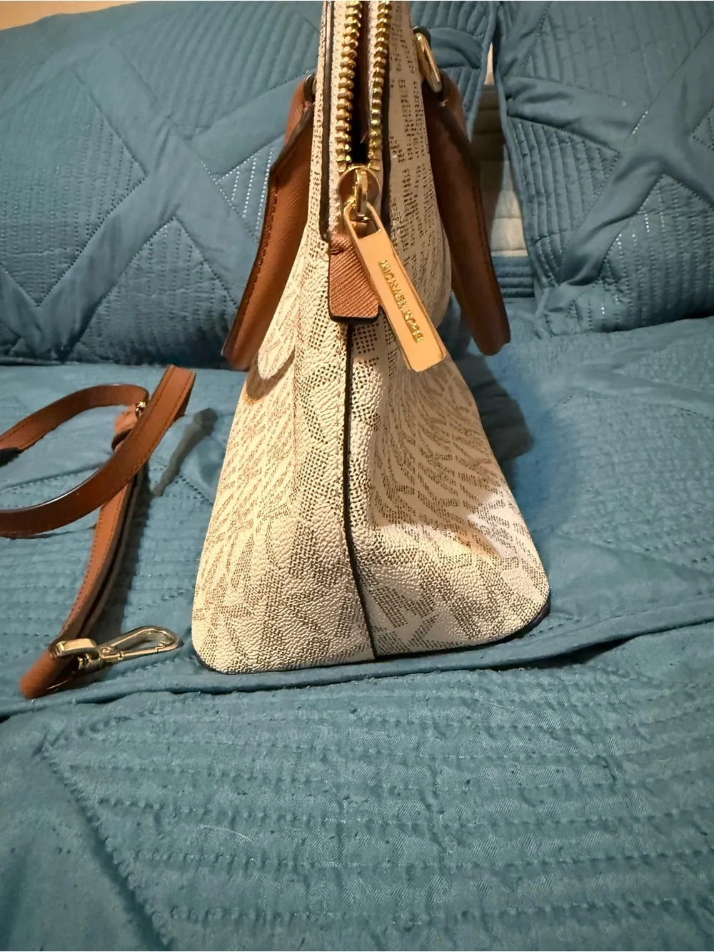 Michael Kors Cream and Brown MK Signature Dome Satchel with Removable Strap
